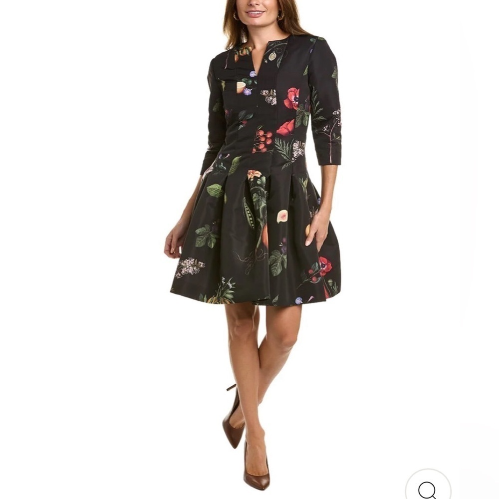 OSCAR DE LA RENTA SPLIT NECK DRESS floral fruits black flair dress women strech
